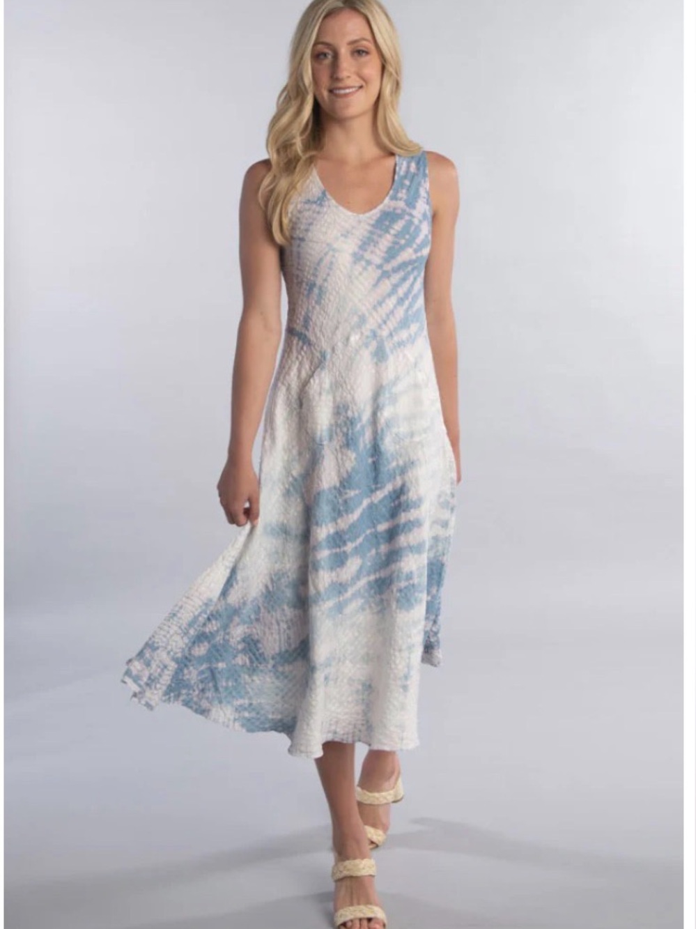 Luna Luz 100% linen Sleeveless beige Tie-Dye V-Neck Midi Dress with pockets